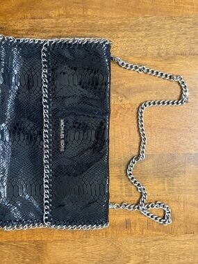 Michael Kors Black Snake-Embossed Silver Chain Crossbody